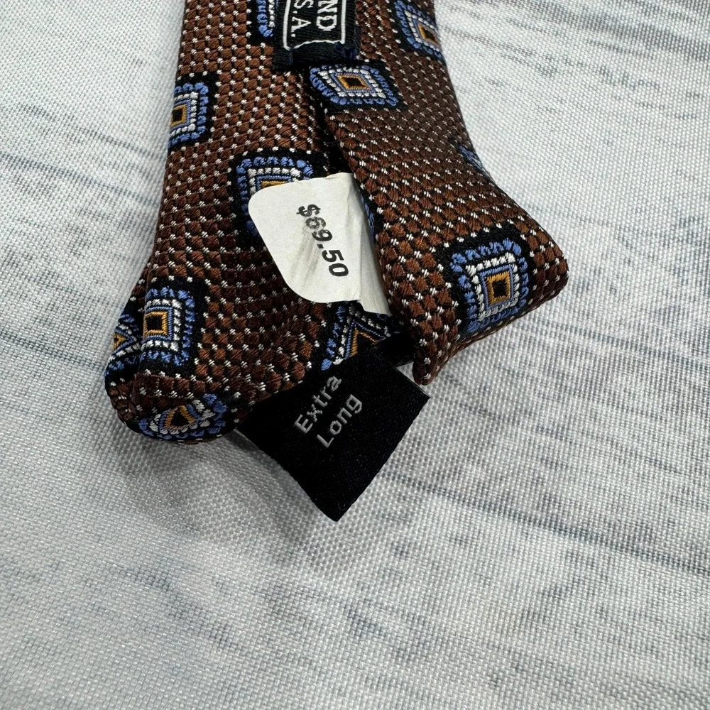 JZ Richards Neck Tie Extra Long‎ Silk Brown Squares Made in USA Mens